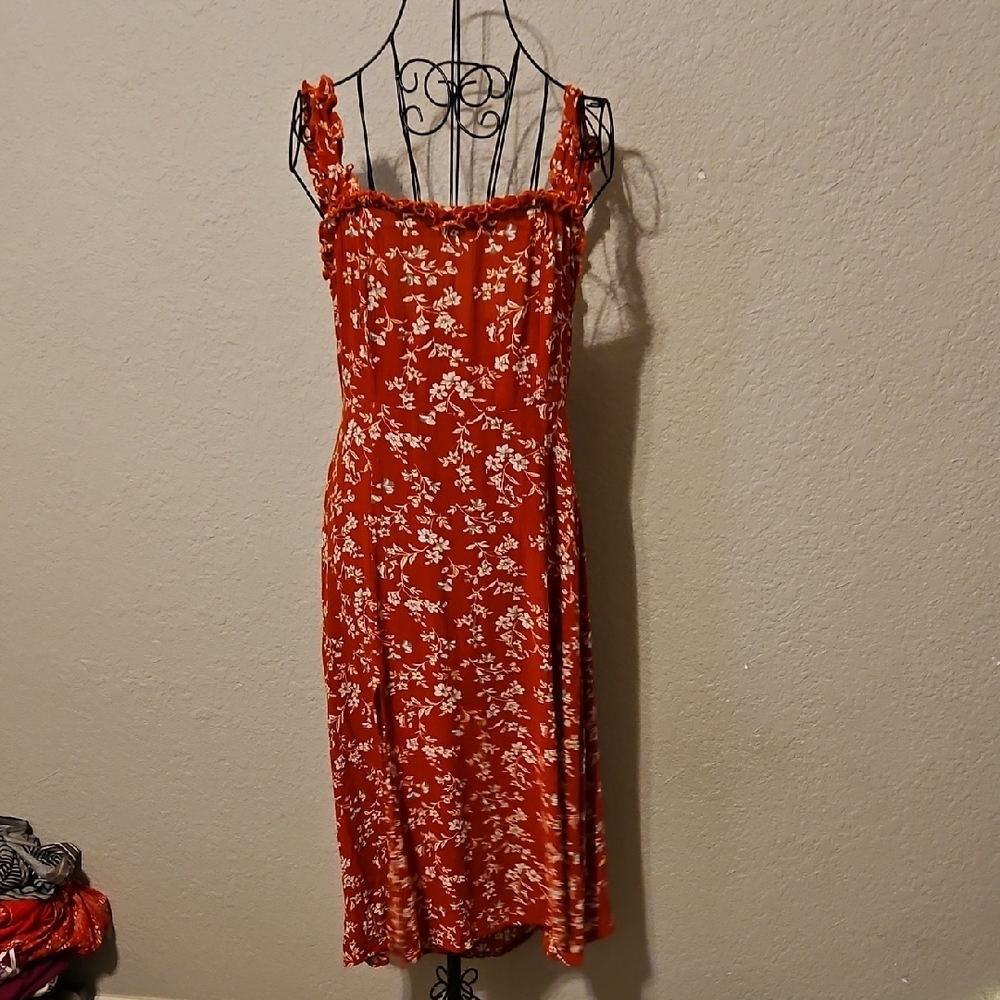 Lulu's Red Floral Midi Dress with Ruffle Straps